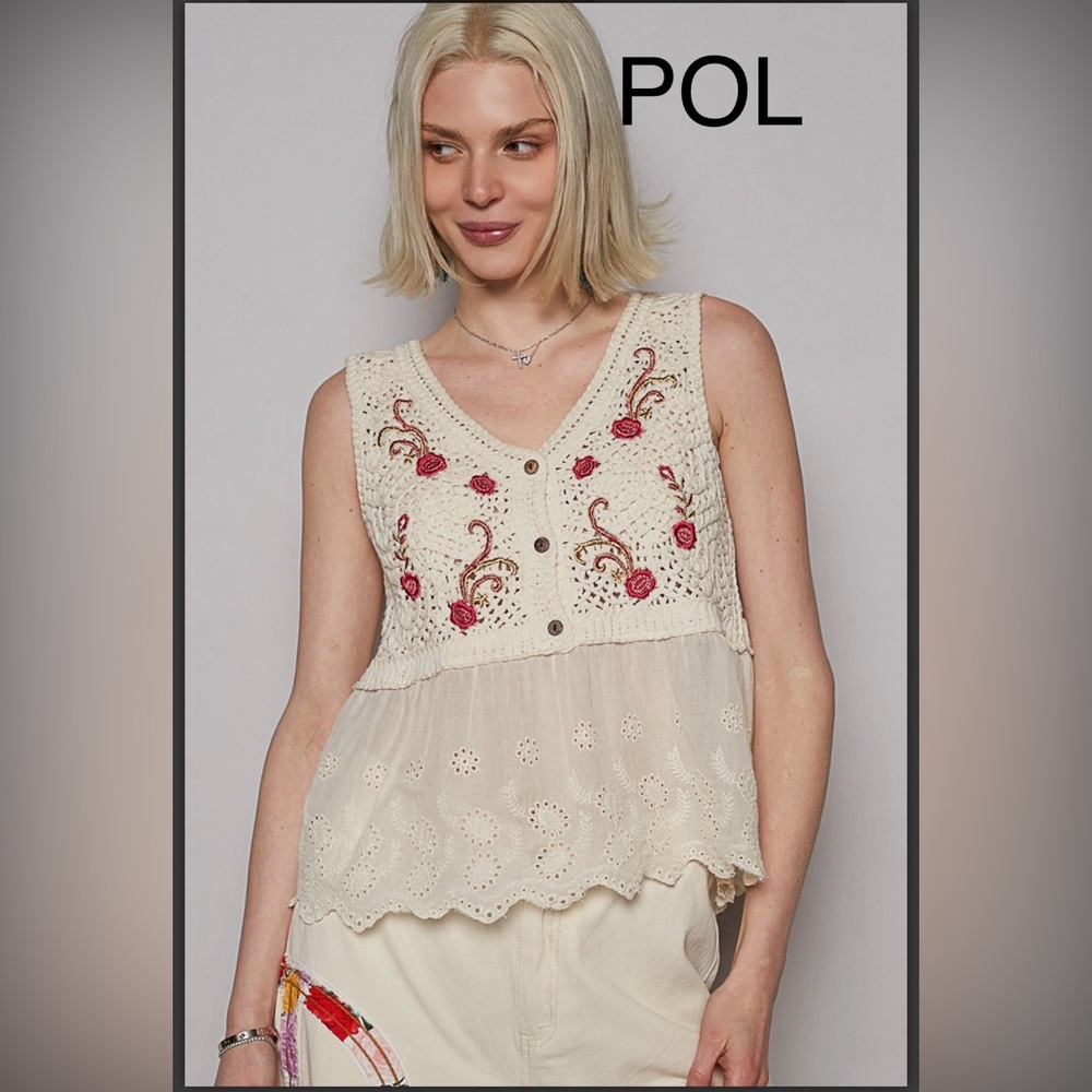 POL Cream and Pink Embroidered Tank Top